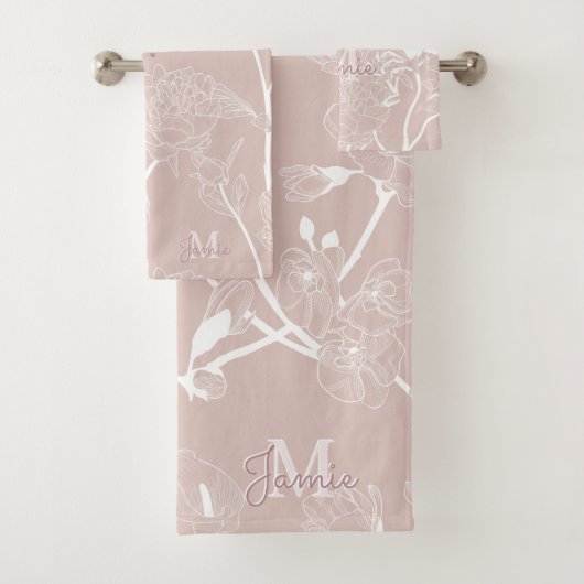 Monogram Metallic Rose Gold Glitzer & Mauve Floral Badhandtuch Set (Insitu)