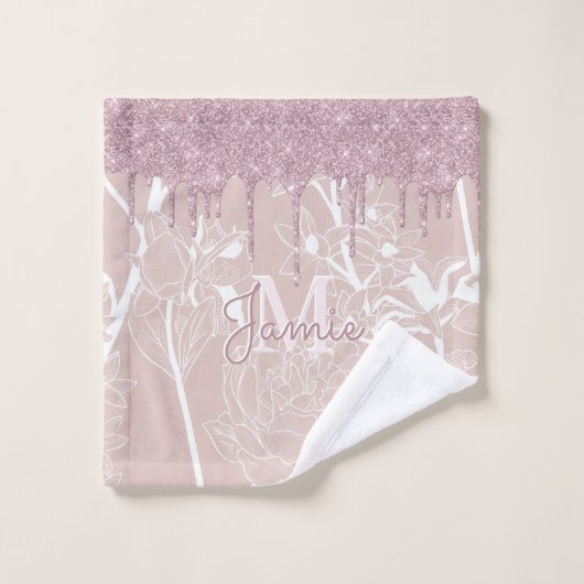 Monogram Metallic Rose Gold Glitzer & Mauve Floral Badhandtuch Set (Waschlappen)