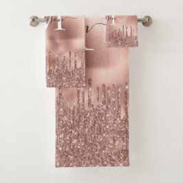 Monogram Metallic Rose Gold Pink Dripping Glitzer Badhandtuch Set