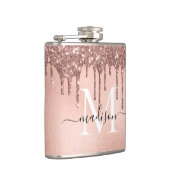 Monogram Metallic Rose Gold Pink Glitzer Tropfen Flachmann (Rechts)