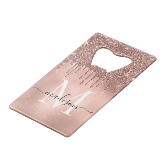 Monogram Metallic Rose Gold Pink Glitzer Tropfen Geldbeutel Flaschenöffner (Rückseite Schrägansicht)