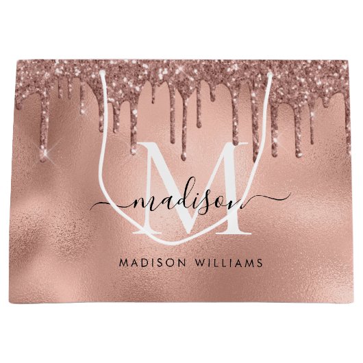 Monogram Metallic Rose Gold Pink Glitzer Tropfen Große Geschenktüte (Vorderseite)