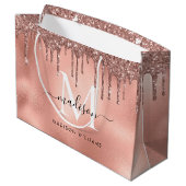 Monogram Metallic Rose Gold Pink Glitzer Tropfen Große Geschenktüte (Rückseite Schrägansicht)