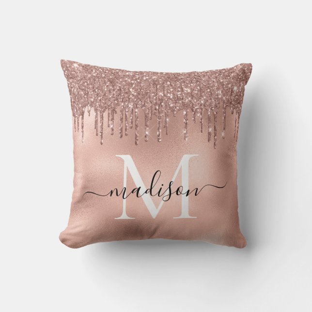 Monogram Metallic Rose Gold Pink Glitzer Tropfen Kissen (Vorderseite)