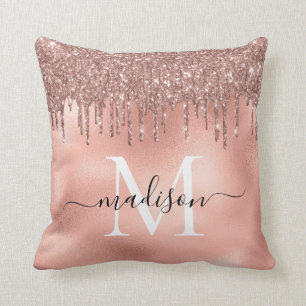 Monogram Metallic Rose Gold Pink Glitzer Tropfen Kissen