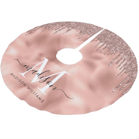 Monogram Metallic Rose Gold Pink Glitzer Tropfen Polyester Weihnachtsbaumdecke (Schrägansicht)