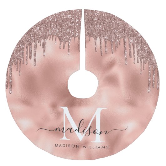 Monogram Metallic Rose Gold Pink Glitzer Tropfen Polyester Weihnachtsbaumdecke (Vorderseite)