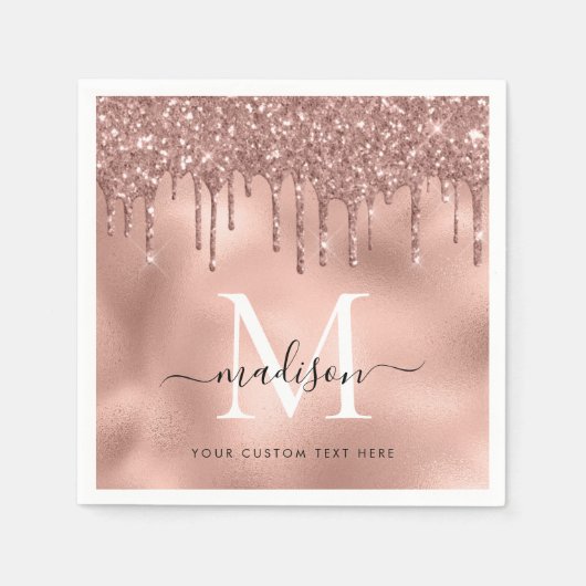 Monogram Metallic Rose Gold Pink Glitzer Tropfen Serviette (Vorderseite)