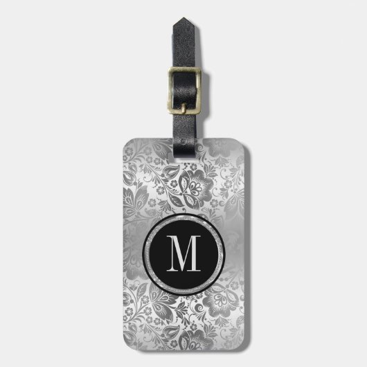 Monogram Metallic Silver Damask Gepäckanhänger (Vorderseite vertikal)