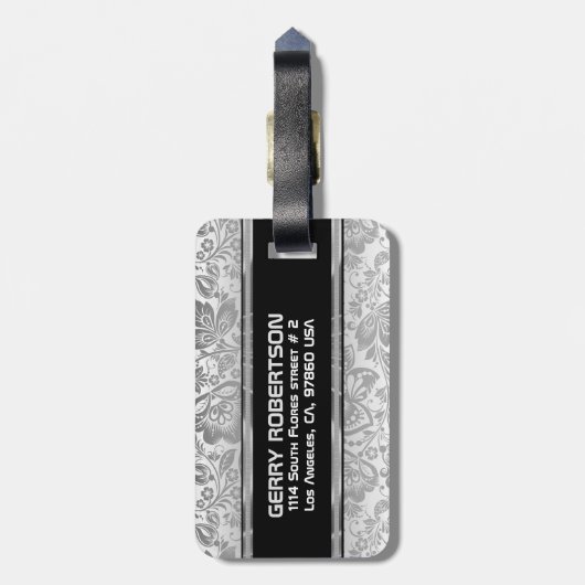 Monogram Metallic Silver Damask Gepäckanhänger (Rückseite vertikal)