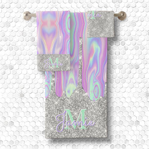 Monogram Metallic Silver Glitzer Tropfen & Iridesc Badhandtuch Set