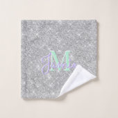 Monogram Metallic Silver Glitzer Tropfen & Iridesc Badhandtuch Set (Waschlappen)