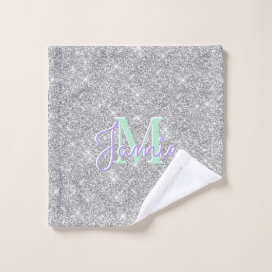 Monogram Metallic Silver Glitzer Tropfen & Iridesc Badhandtuch Set (Waschlappen)