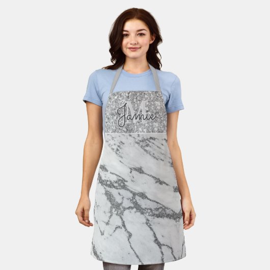 Monogram Metallic Silver Marble & Platinum Glitzer Schürze (Getragen)