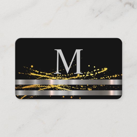 Monogram Metallic Silver Trim Gold Spatter Visitenkarte (Vorderseite)