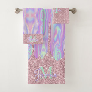 Monogram Metallische Rose Gold Glitzer & Iridescen Badhandtuch Set
