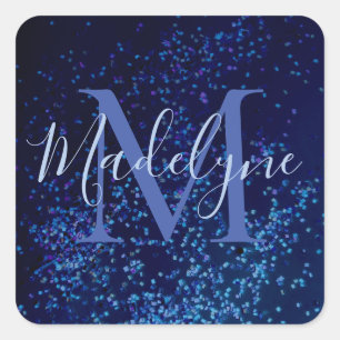 Monogram Midnite Blue Confetti Quadratischer Aufkleber