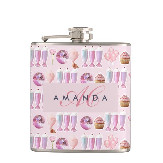 Monogram Milkshake Niedlich Blush Pink Retro Gesch Flachmann (Vorderseite)