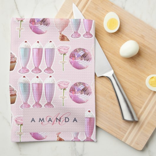 Monogram Milkshake Niedlich Blush Pink Retro Gesch Geschirrtuch (Viertel Falte)