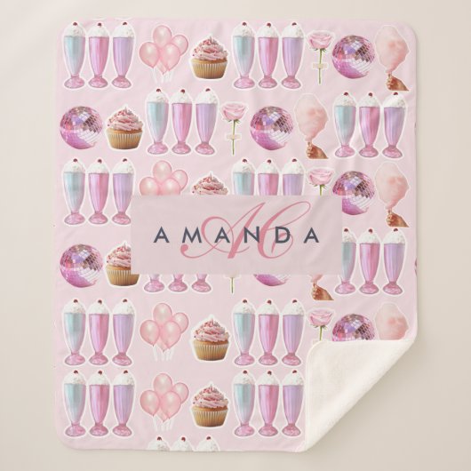 Monogram Milkshake Niedlich Blush Pink Retro Gesch Sherpadecke (Vorderseite)