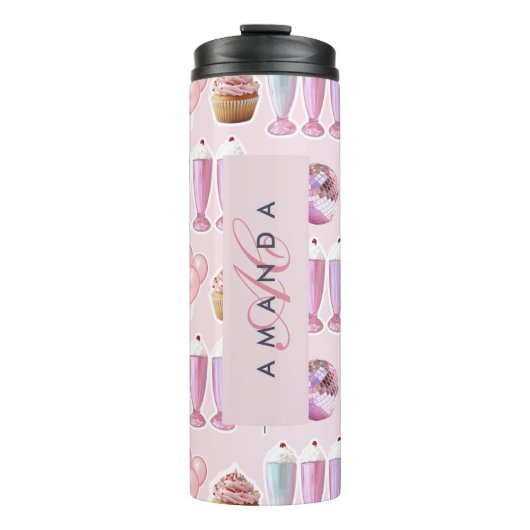 Monogram Milkshake Niedlich Blush Pink Retro Gesch Thermosbecher (Vorderseite)