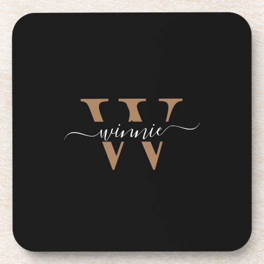 Monogram Minimal Elegante Black Gold Script Name Getränkeuntersetzer (Vorderseite)