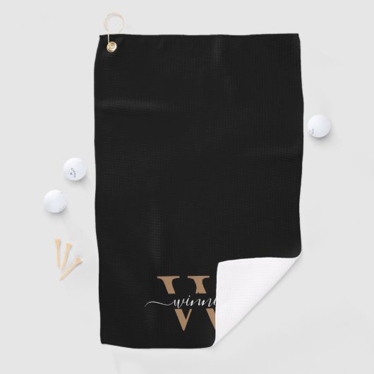 Monogram Minimal Elegante Black Gold Script Name Golfhandtuch (Insitu)