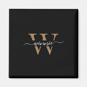 Monogram Minimal Elegante Black Gold Script Name Magnet