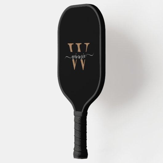 Monogram Minimal Elegante Black Gold Script Name Pickleball Schläger (Links)
