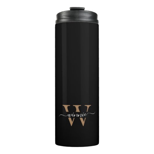 Monogram Minimal Elegante Black Gold Script Name Thermosbecher (Vorderseite)