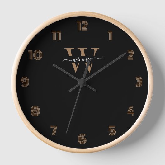 Monogram Minimal Elegante Black Gold Script Name Uhr (Vorderseite)