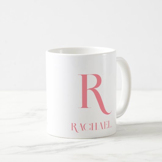 Monogram Minimal Modern Name Stylish Pink Kaffeetasse (VorderseiteRechts)