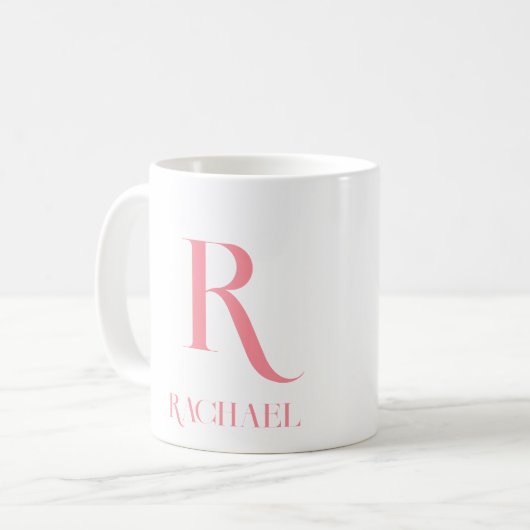 Monogram Minimal Modern Name Stylish Pink Kaffeetasse (Vorderseite Links)
