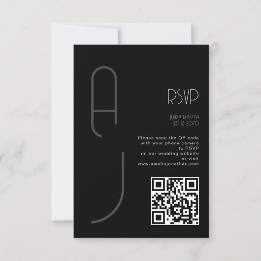 Monogram Minimal Wedding Qr Code Black RSVP  Karte (Vorderseite)