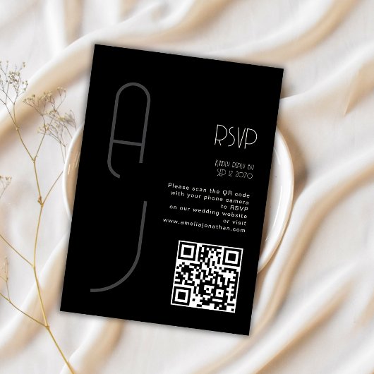 Monogram Minimal Wedding Qr Code Black RSVP  Karte