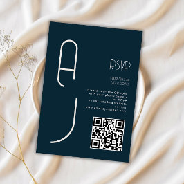Monogram Minimal Wedding Qr Code Navy RSVP  Karte