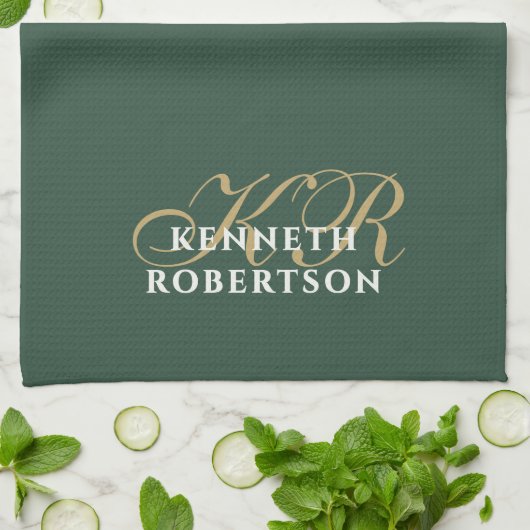 Monogram Minimalist Green Gold White Stylish Men Geschirrtuch (Gefaltet)