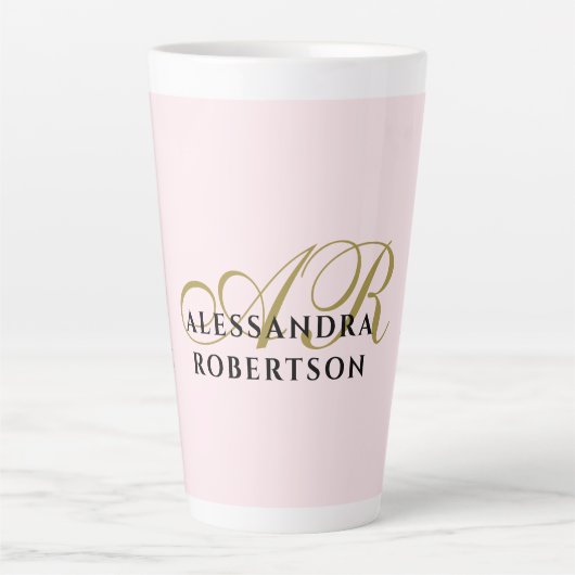 Monogram Minimalist Pastel Pink Gold Black Name  Milchtasse (Vorderseite)