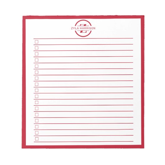 Monogram Minimalist Red Name To Do List Notizblock (Vorderseite)