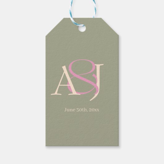 Monogram Minimalist Sage Green & Rose Pink Wedding Geschenkanhänger (Vorderseite)