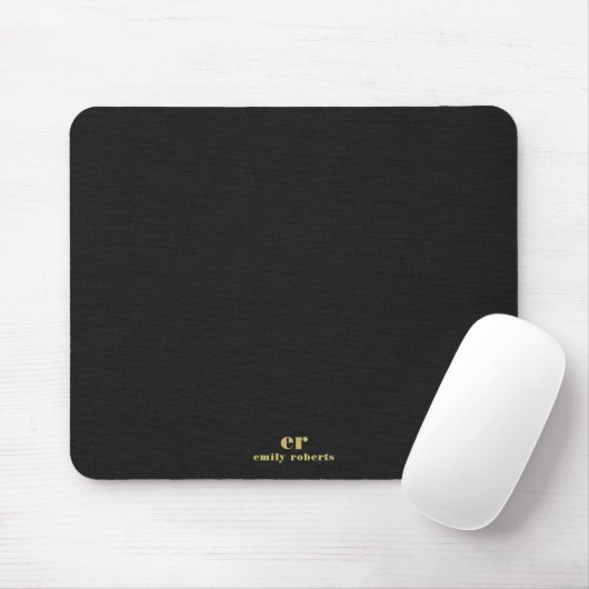 Monogram Minimalistic Black Linen Gold Typografie Mousepad (Mit Mouse)