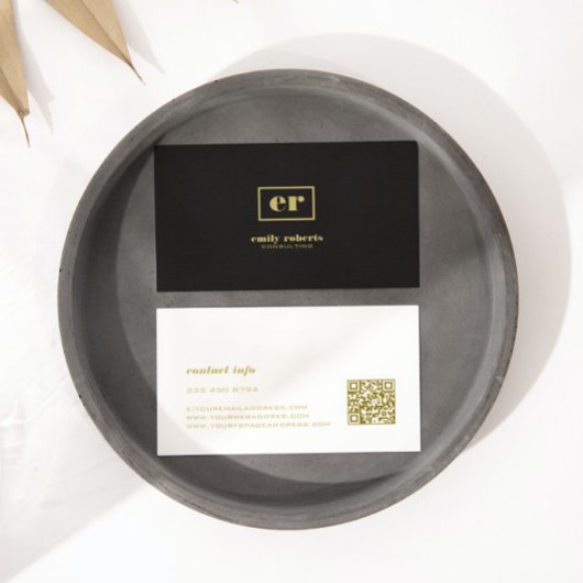 Monogram Minimalistic Black Linen Gold Typografie Visitenkarte