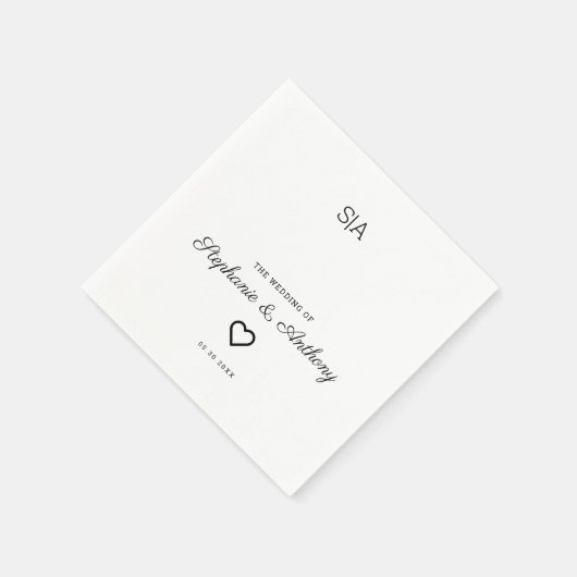 Monogram Minimalistisch Black and White Heart Wedd Serviette (Ecke)