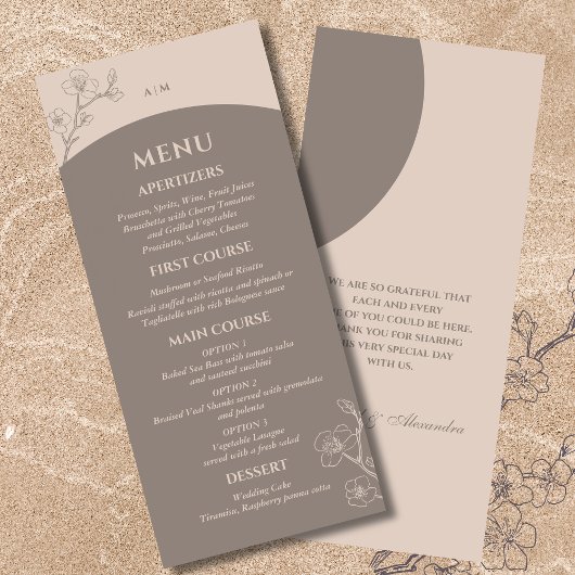 Monogram Minimalistisch Floral Taupe Japandi Weddi Menükarte