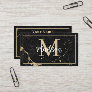 Monogram Minimalistisch Rustic Black Gold Marmor Visitenkarte