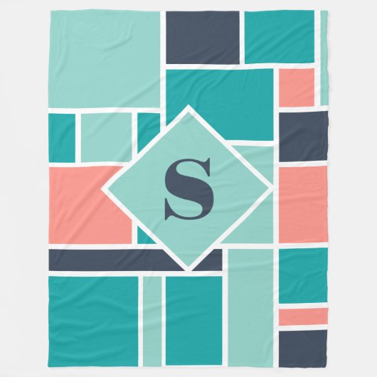 Monogram Mint and Coral Geometric Art Fleecedecke (Vorderseite)