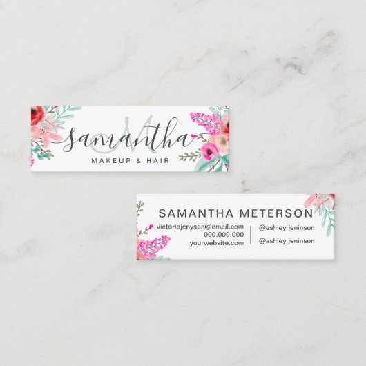 Monogram Mint pink florale Aquarellbraut Chic Mini Visitenkarte (Vorne/Hinten)