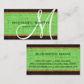Monogram Minze Green Burlap Linen Rustic Jute Visitenkarte (Vorne/Hinten)