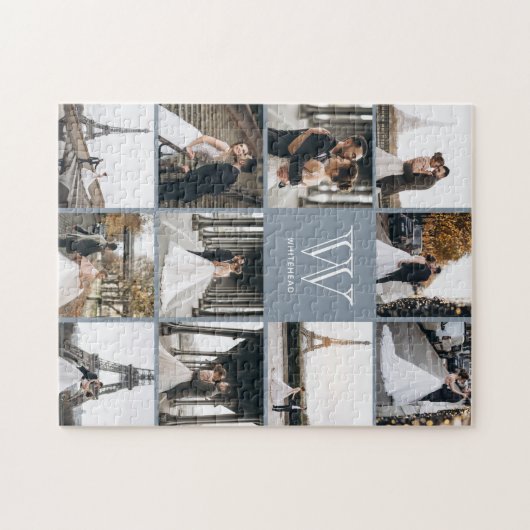 Monogram Modern 9 Foto Collage Dusty Blue Puzzle (Horizontal)