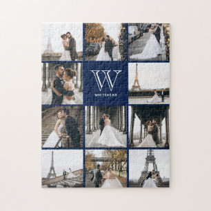 Monogram Modern 9 Foto Collage Navy Blau Puzzle